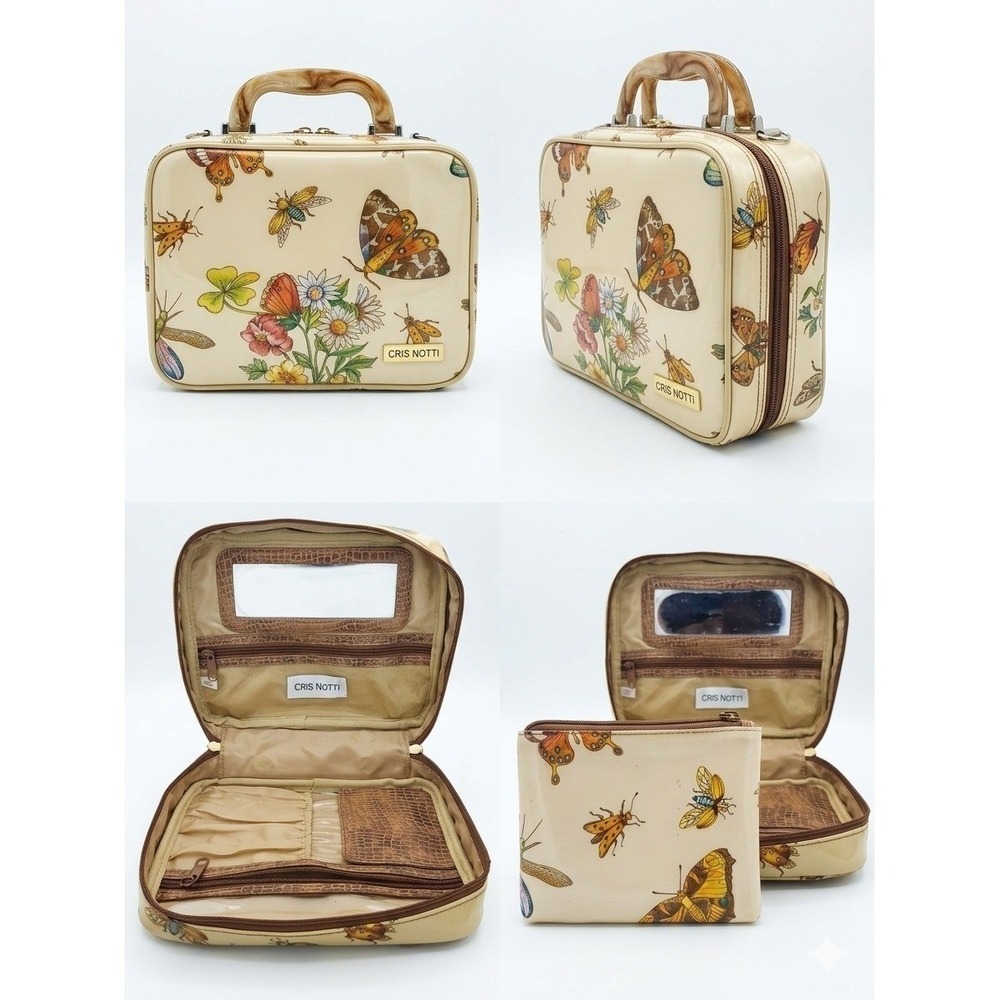 Vintage Y2K Cris Notti Butterfly Print Train Case Vanity Bag W/ Magnetic Pouch